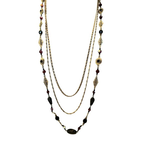 Vintage Miriam Haskell Possible Garnet Triple Layer Gold Tone Necklace, Signed - Picture 4 of 16